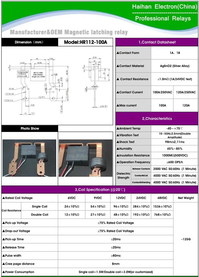 Magnetic Latching Relay with 100A Single Coil 12V for Smart Meter