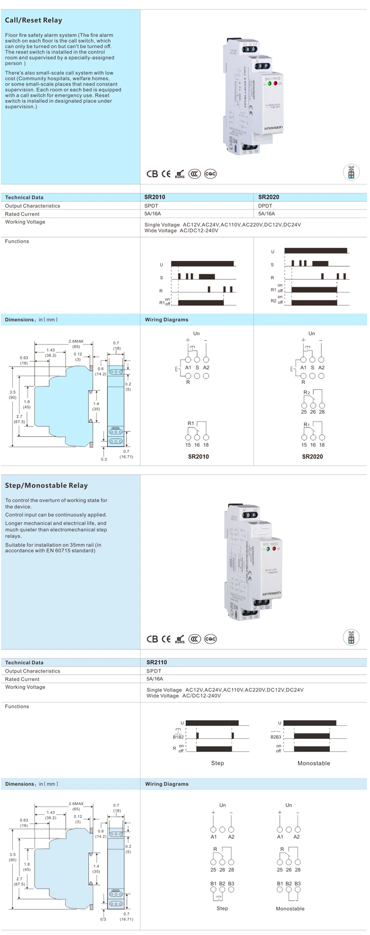 Dpdt Output 5A/16A Rated Current 12V 24V 110V 220V AC DC DIN-Rail Mounting Modular Step Relay